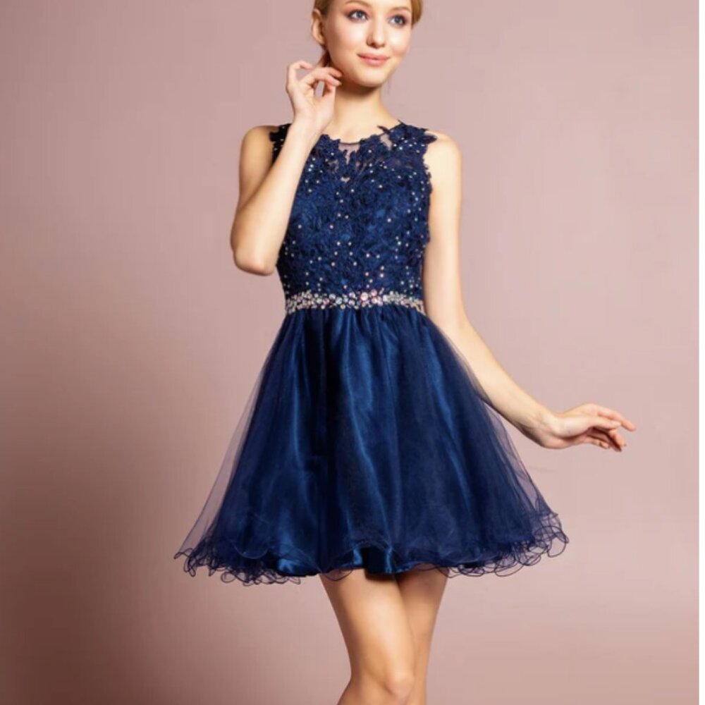 Elizabeth K By GLS Lace/Tulle Fabric Navy Formal Dress Large